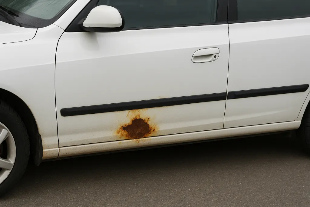 a Hyundai car that has been damaged with rust on a left front door